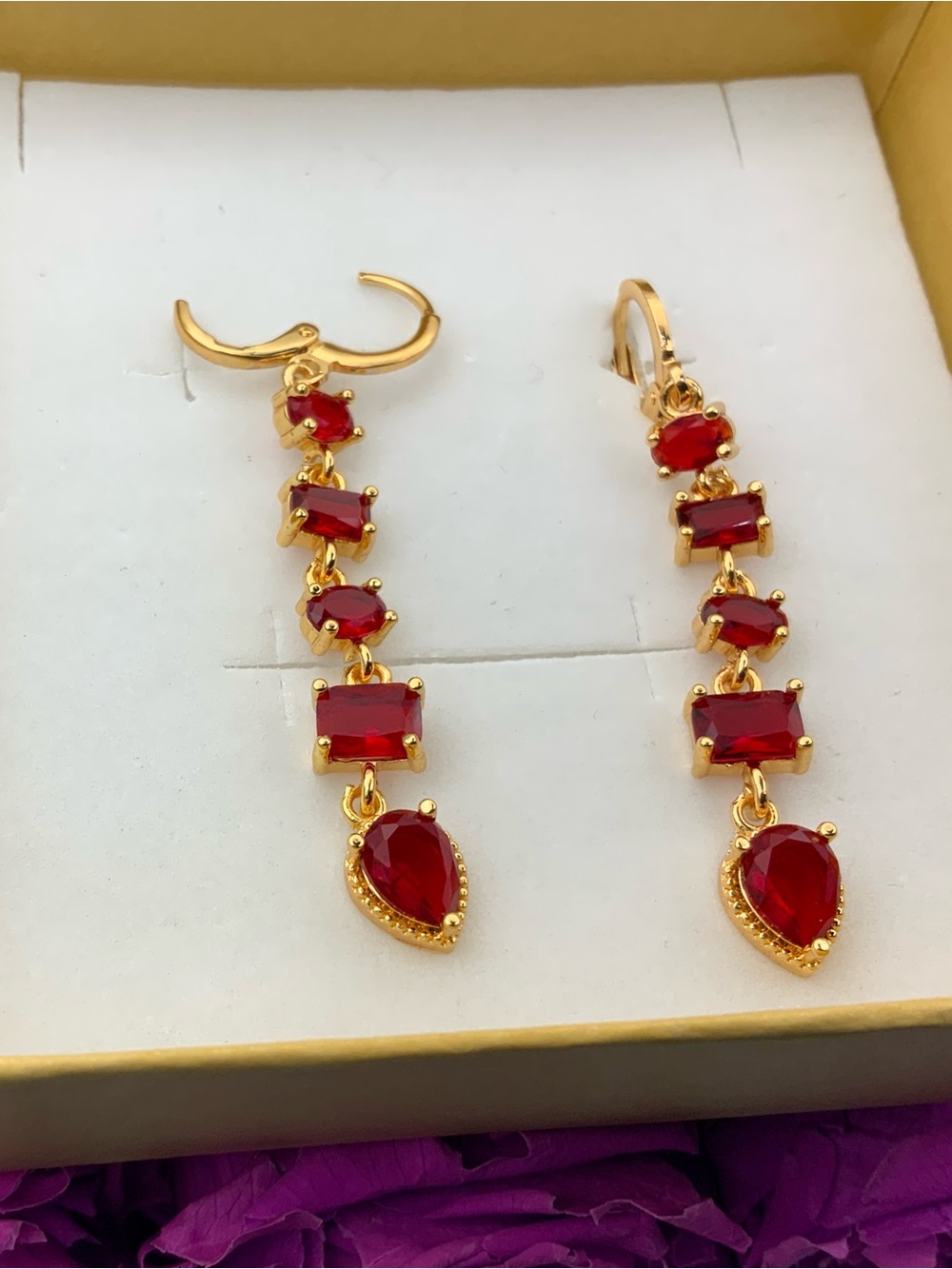 Gold-Tone Red Teardrop & Faceted Link Drop Earrings